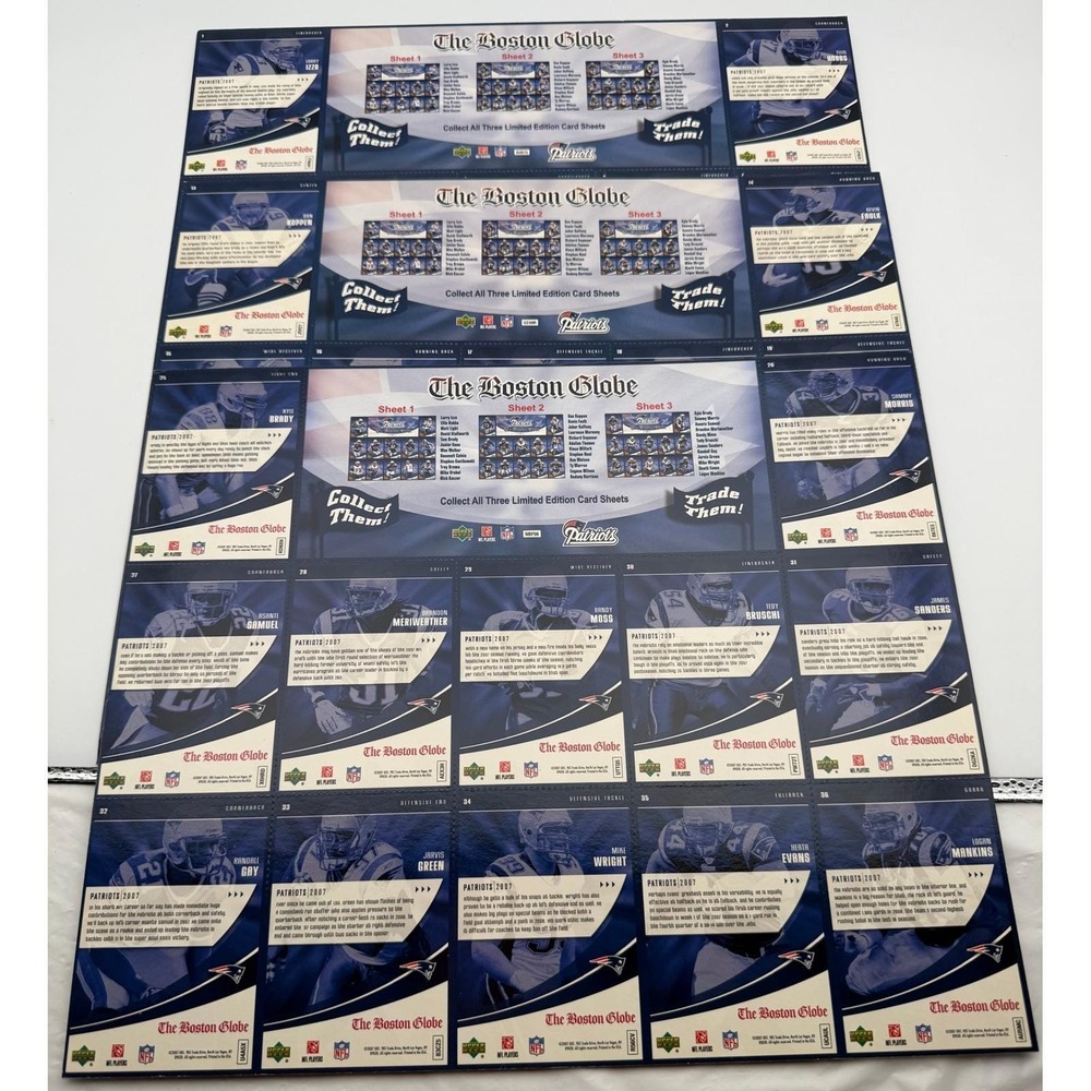 2007 Upper Deck New England Patriots Boston Globe Complete 3 Sheet Set Tom Brady - Picture 2 of 9